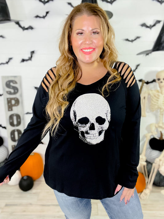 Long Sleeve Skull Print Laser Cut Detail Top - Whiskey Skies - VOCAL