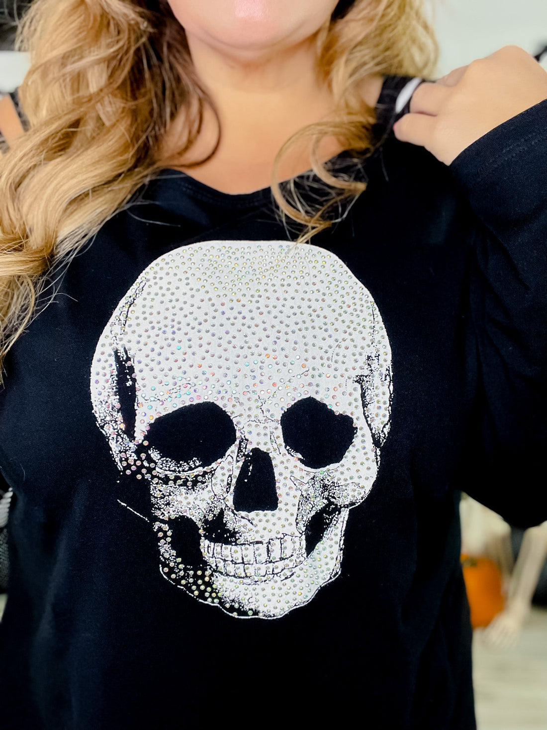 Long Sleeve Skull Print Laser Cut Detail Top - Whiskey Skies - VOCAL