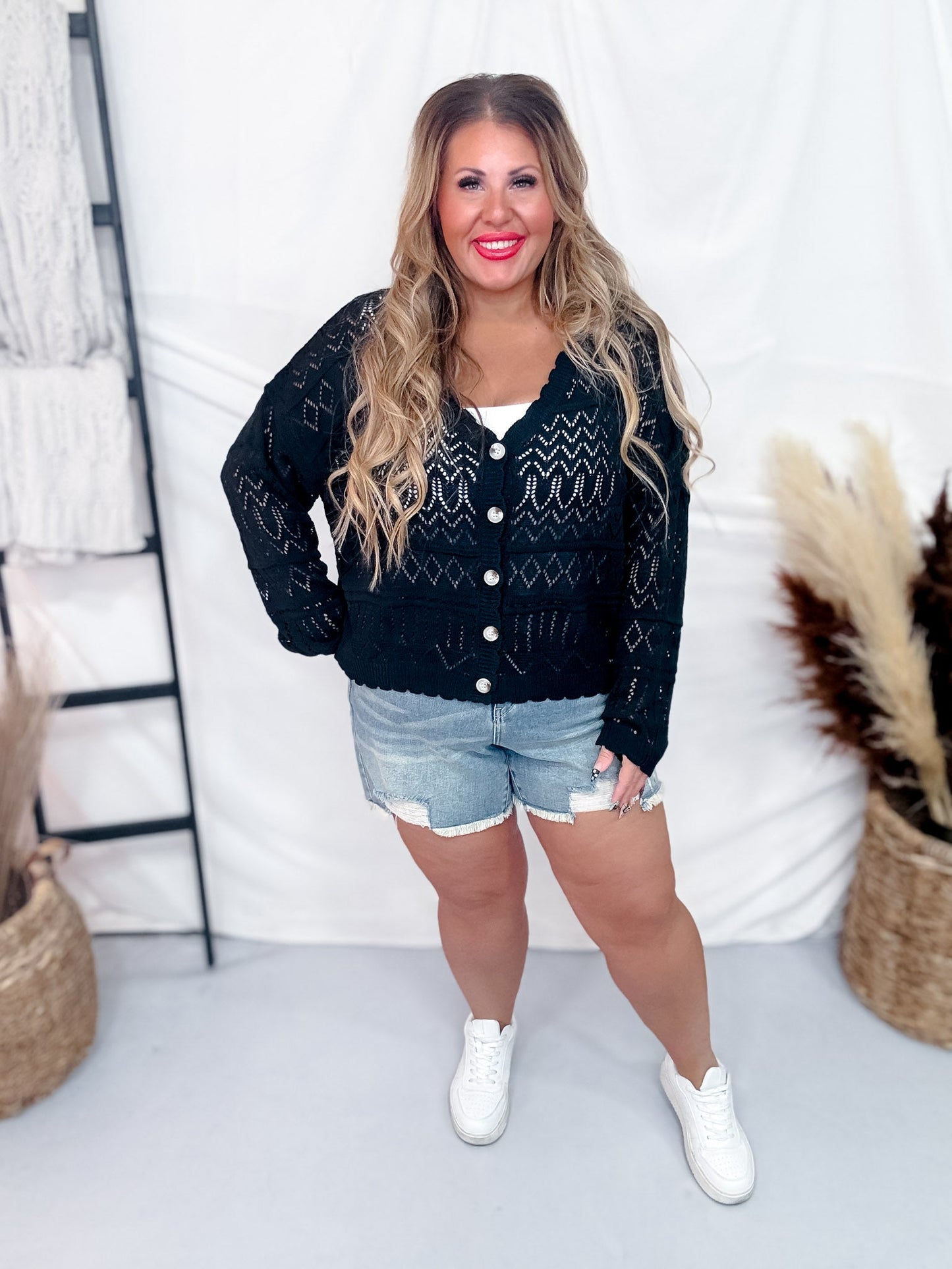 Long Sleeve Solid Black Button Up Knit Cardigan - Whiskey Skies - WHITE BIRCH