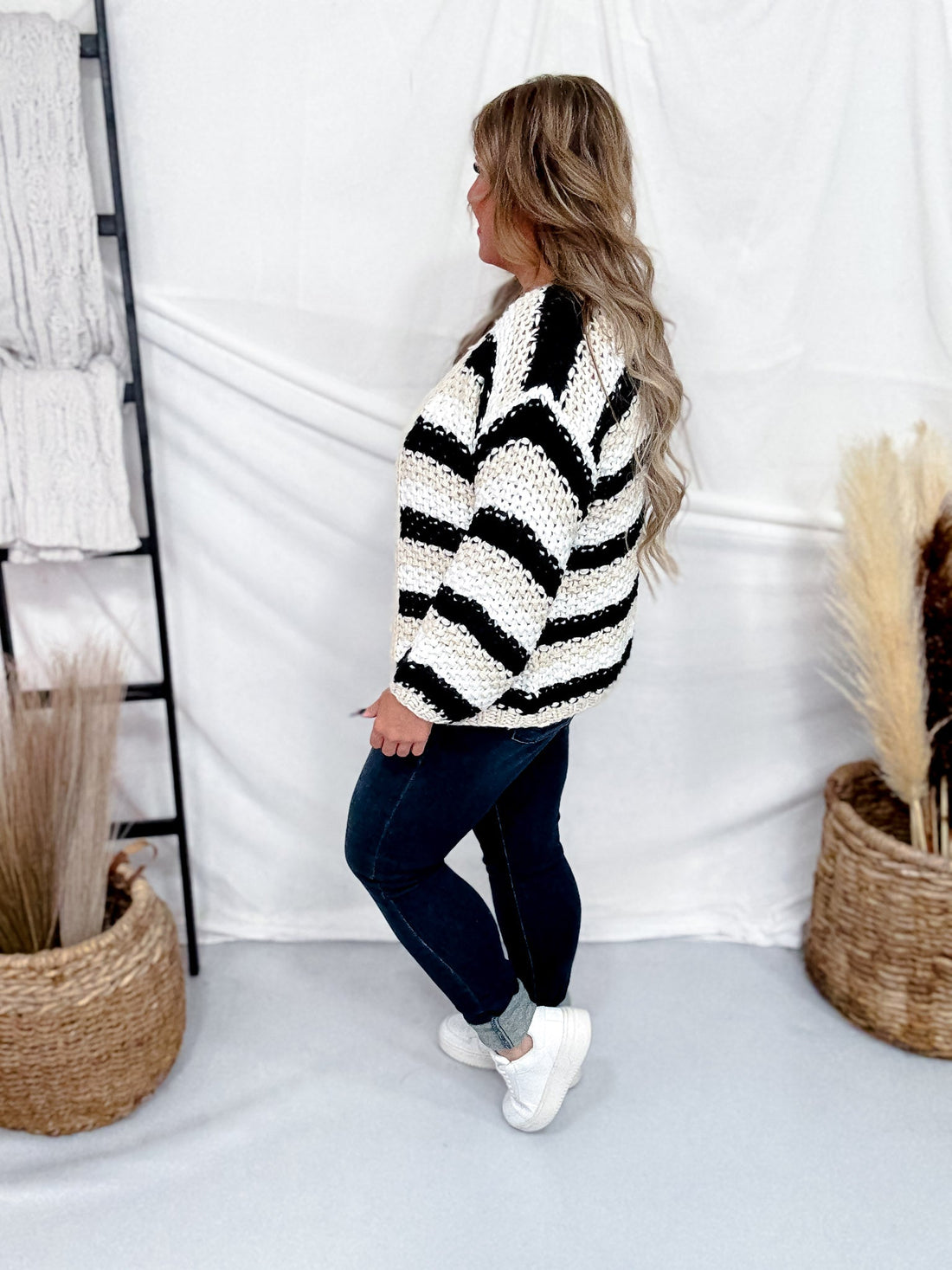 Long Sleeve Striped Chunky Hand Knit Open Cardigan - Whiskey Skies - DAVI & DANI