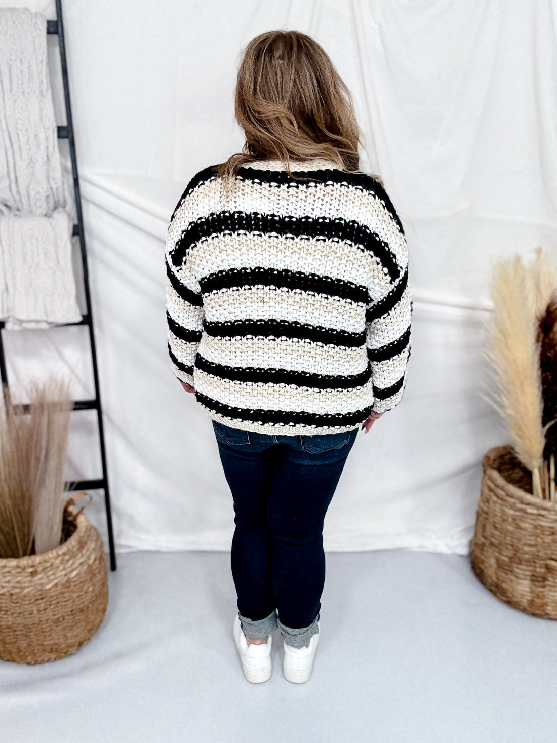 Long Sleeve Striped Chunky Hand Knit Open Cardigan - Whiskey Skies - DAVI & DANI