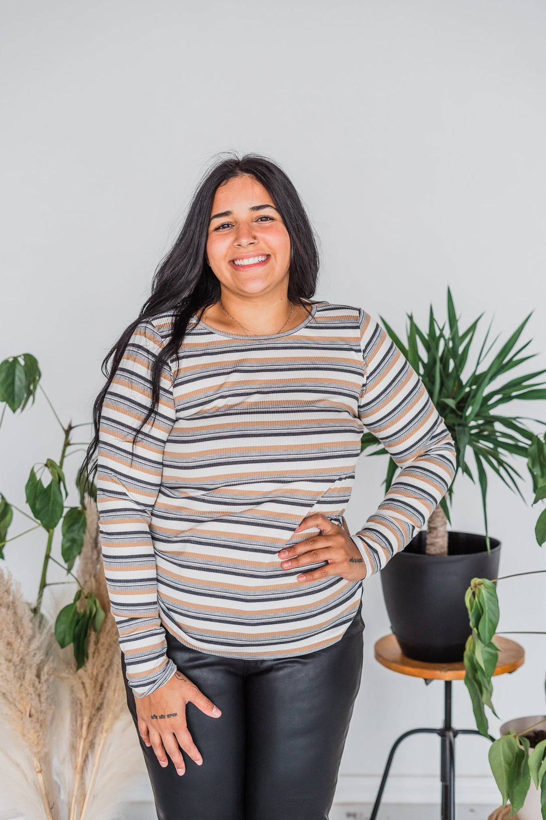 Long Sleeve Striped Knit Top with Thumbholes - Whiskey Skies - WHITE BIRCH