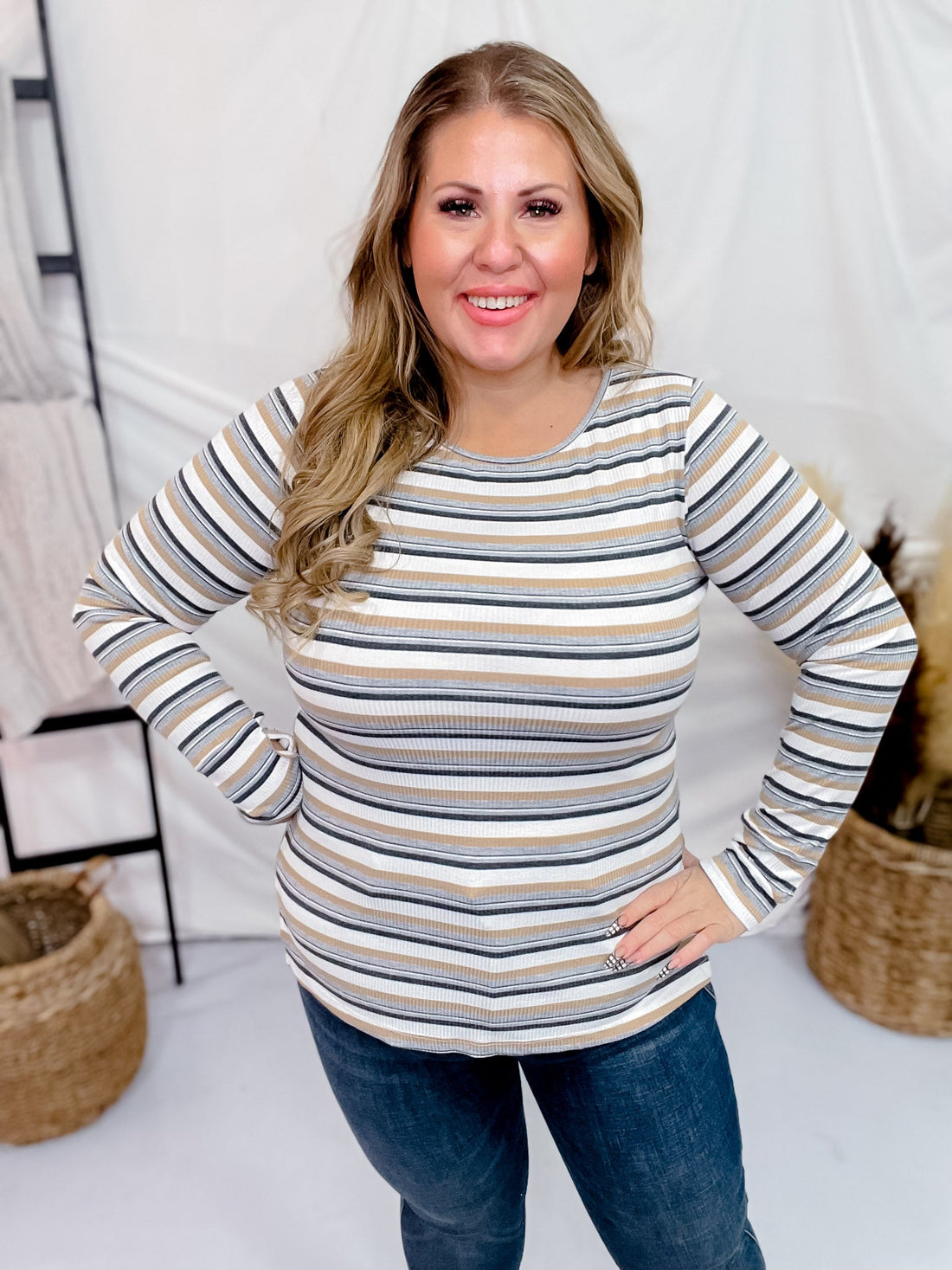Long Sleeve Striped Knit Top with Thumbholes - Whiskey Skies - WHITE BIRCH