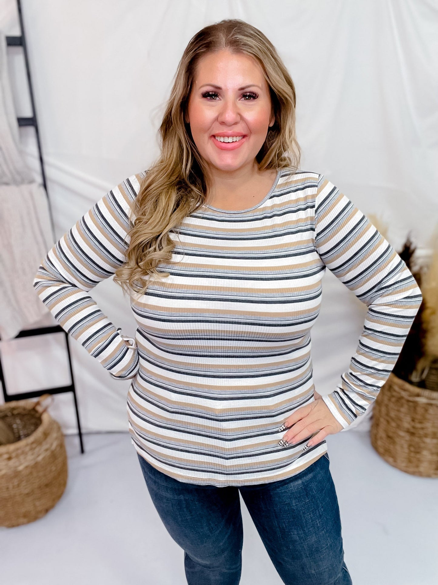 Long Sleeve Striped Knit Top with Thumbholes - Whiskey Skies - WHITE BIRCH