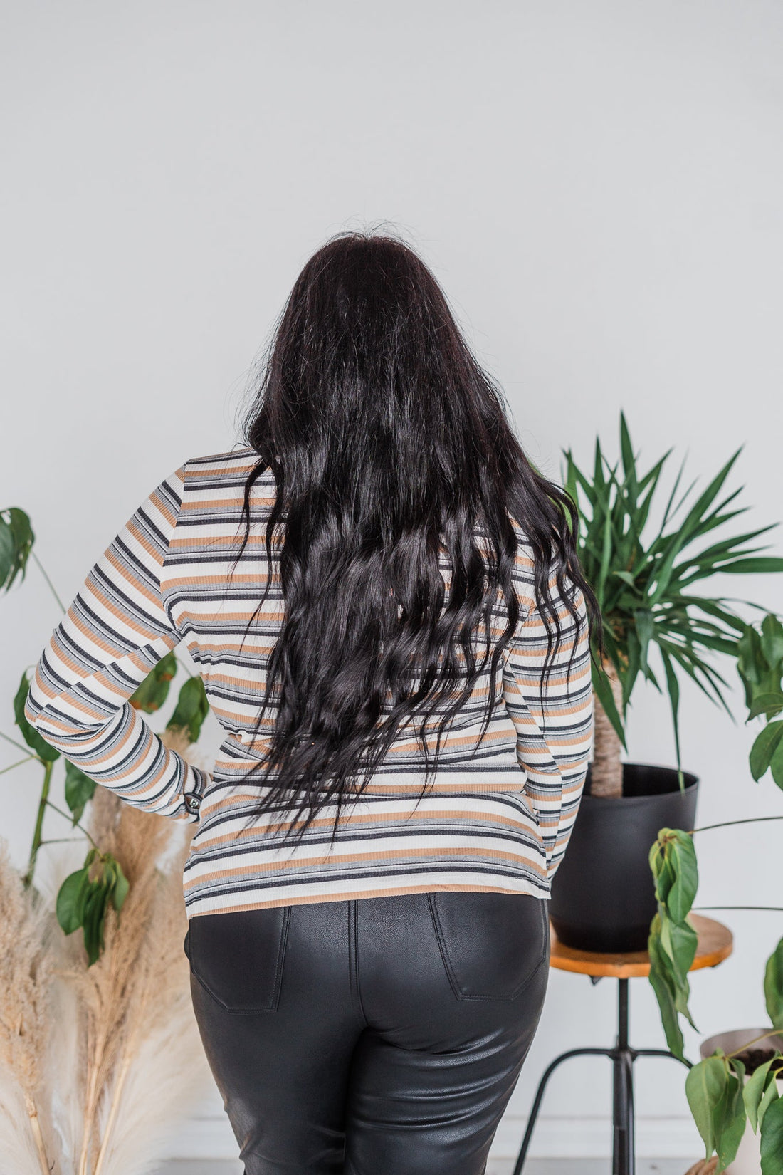 Long Sleeve Striped Knit Top with Thumbholes - Whiskey Skies - WHITE BIRCH