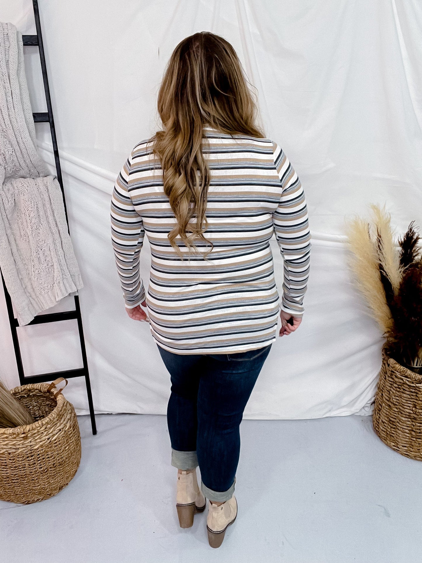 Long Sleeve Striped Knit Top with Thumbholes - Whiskey Skies - WHITE BIRCH