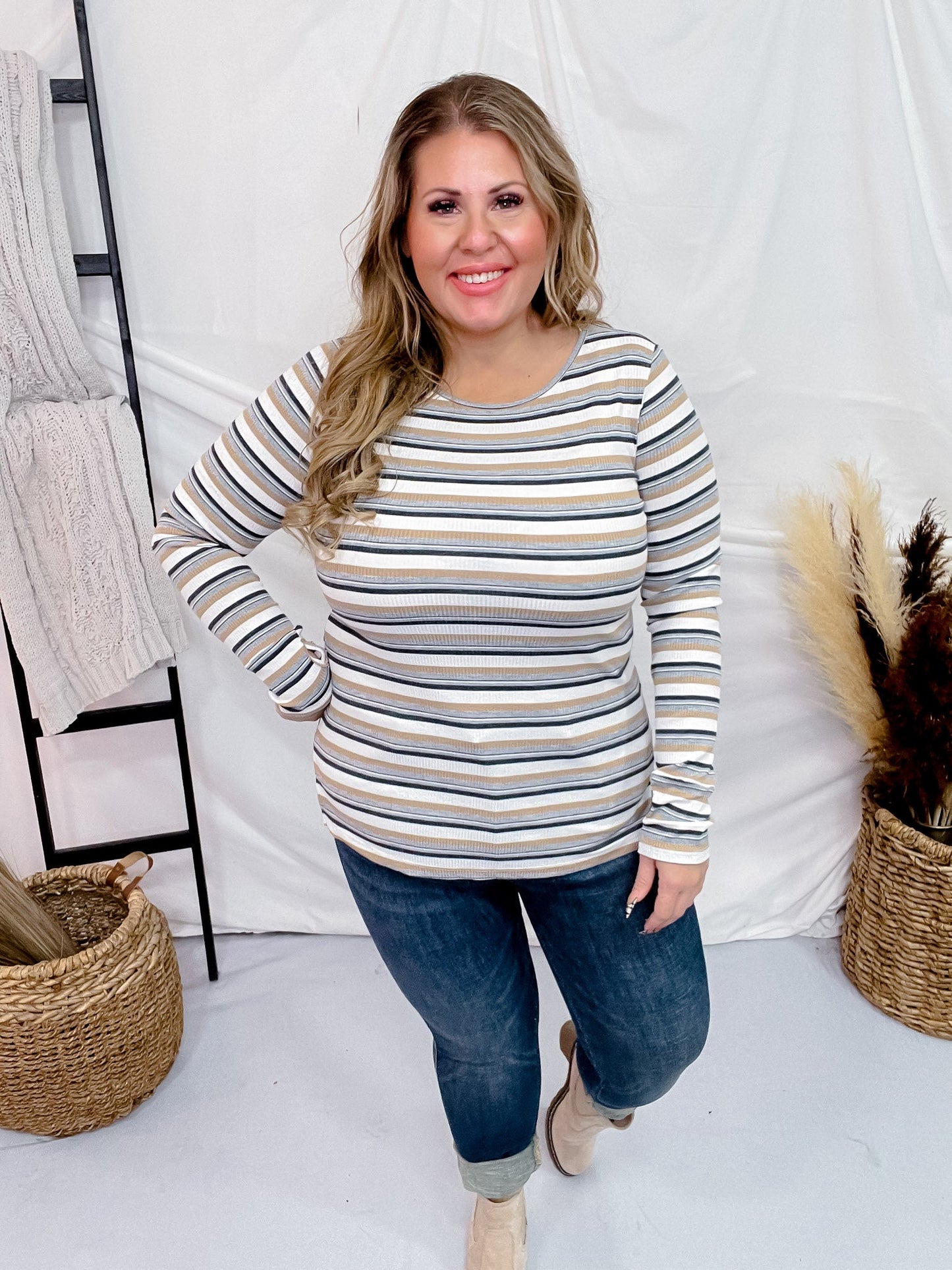 Long Sleeve Striped Knit Top with Thumbholes - Whiskey Skies - WHITE BIRCH