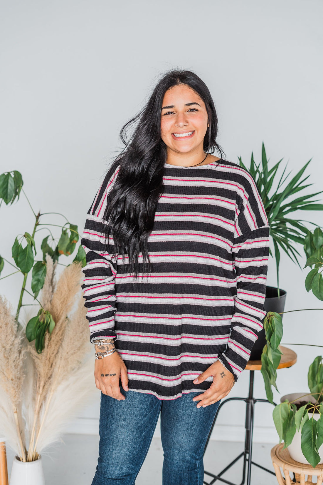 Long Sleeve Striped Ribbed Top - Whiskey Skies - HEIMISH