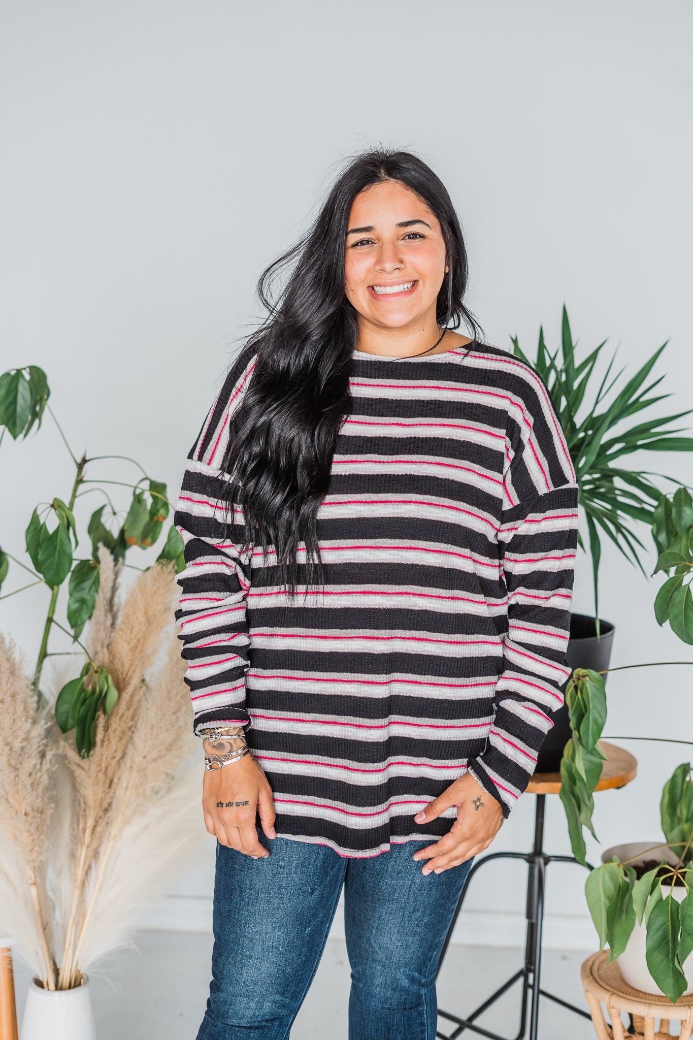 Long Sleeve Striped Ribbed Top - Whiskey Skies - HEIMISH