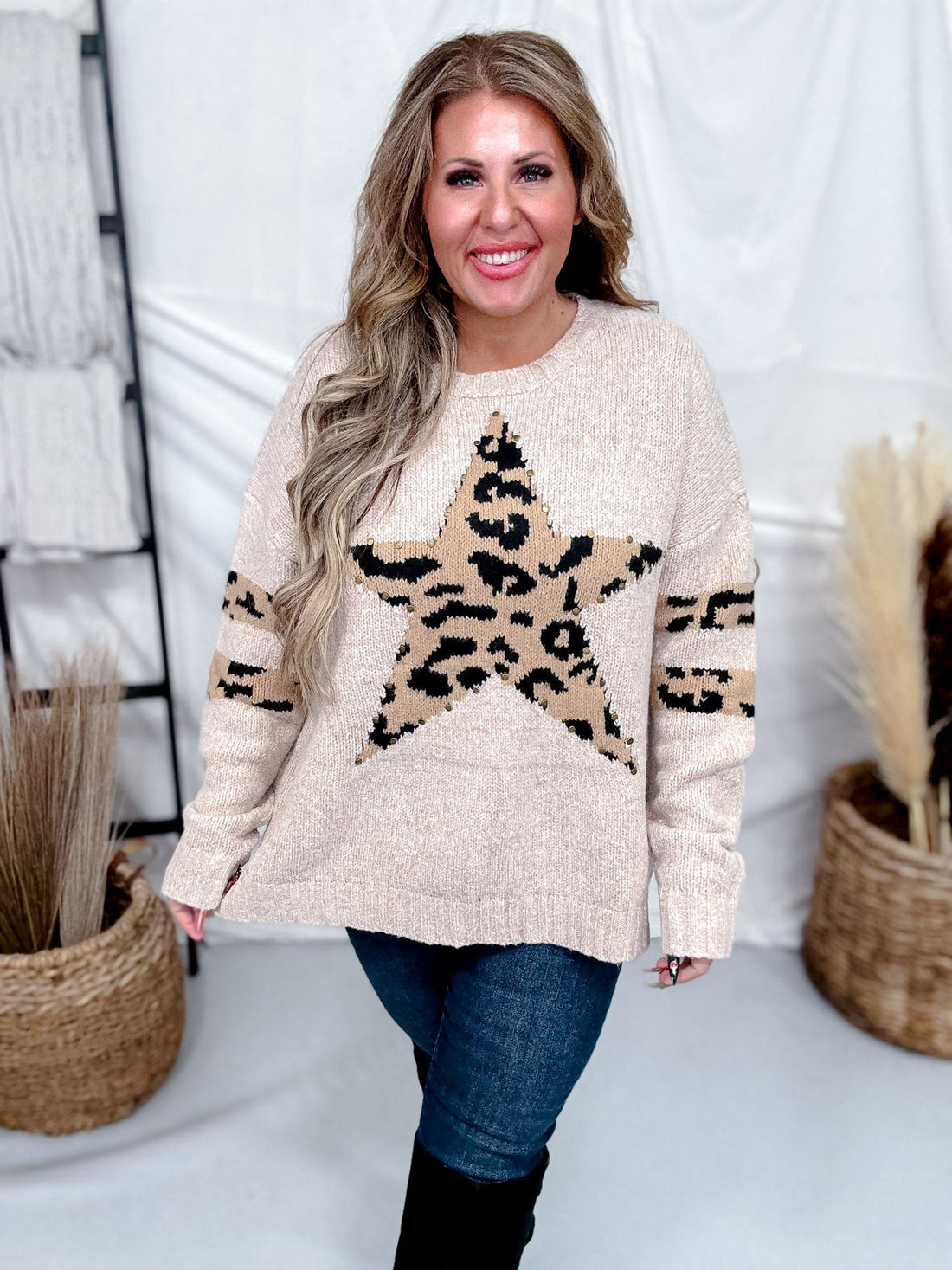 Long Sleeve Sweater With Leopard Print Star & Studded Details - Whiskey Skies - DAVI & DANI