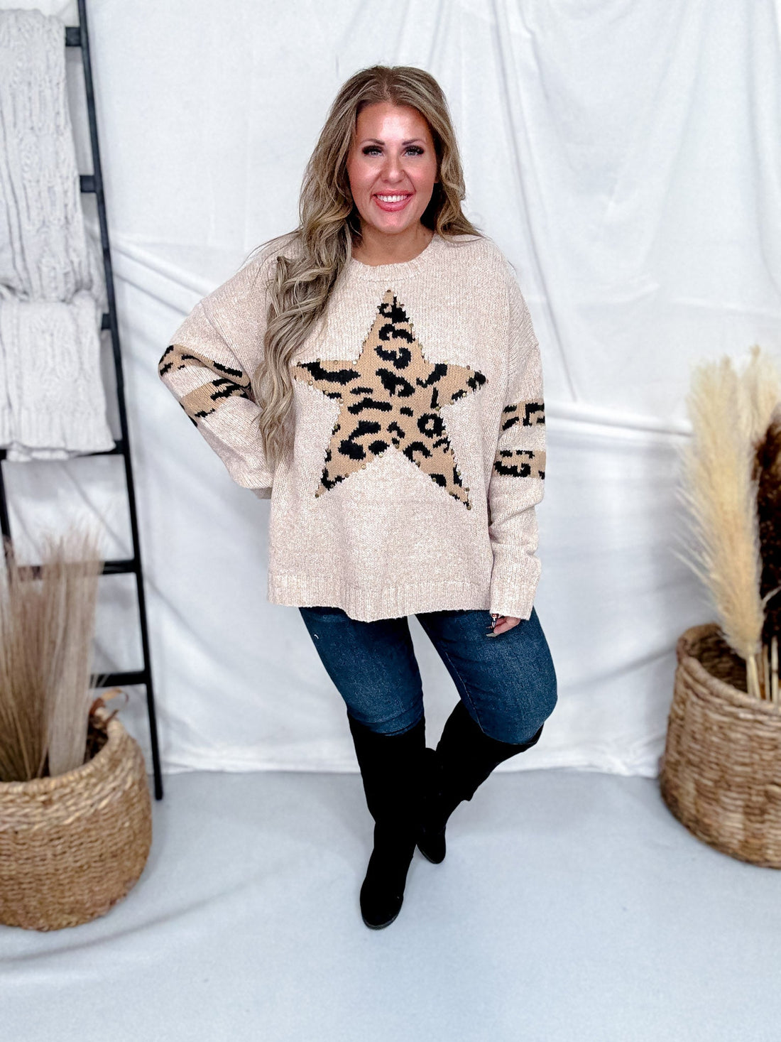Long Sleeve Sweater With Leopard Print Star & Studded Details - Whiskey Skies - DAVI & DANI