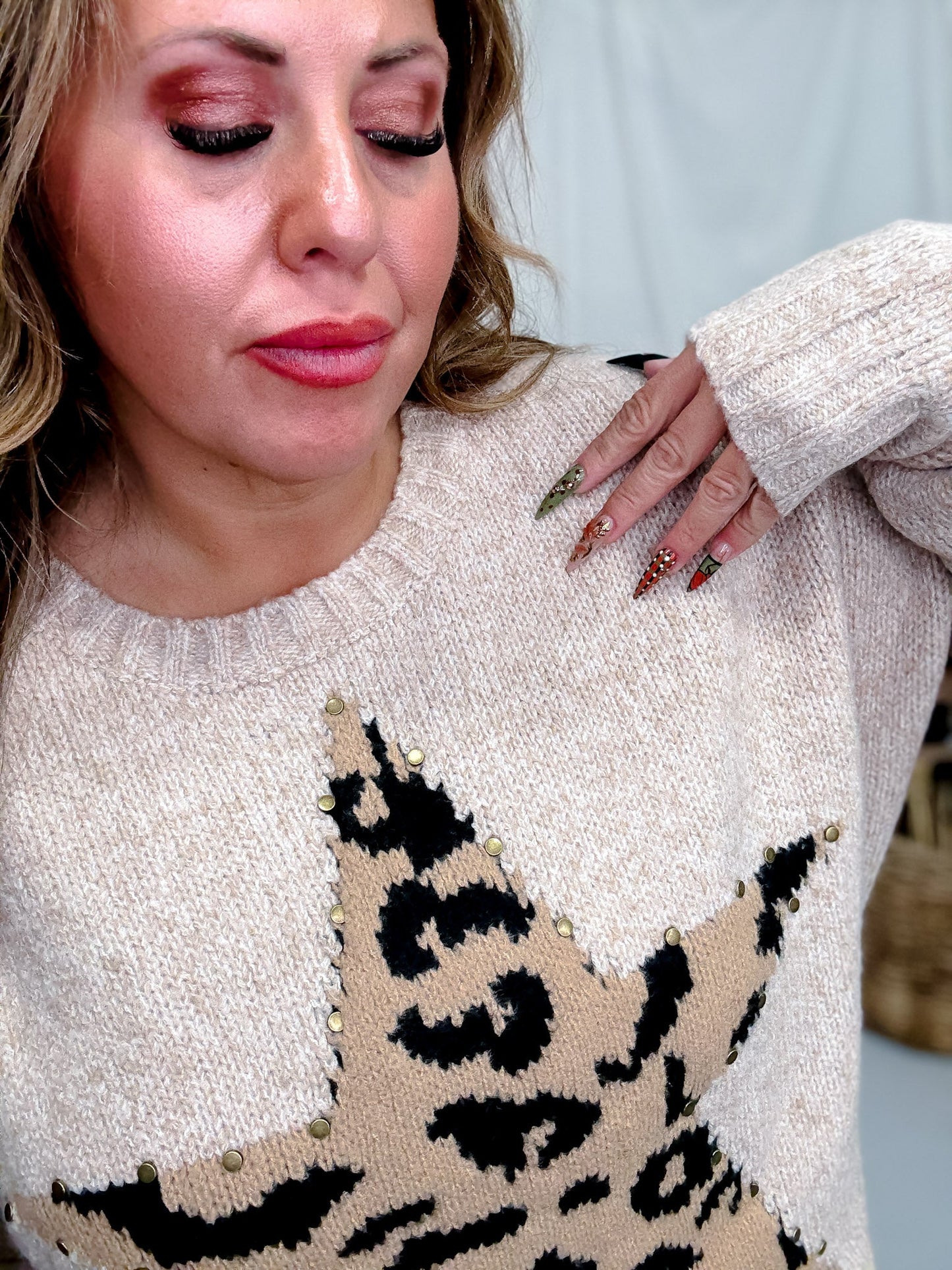 Long Sleeve Sweater With Leopard Print Star & Studded Details - Whiskey Skies - DAVI & DANI