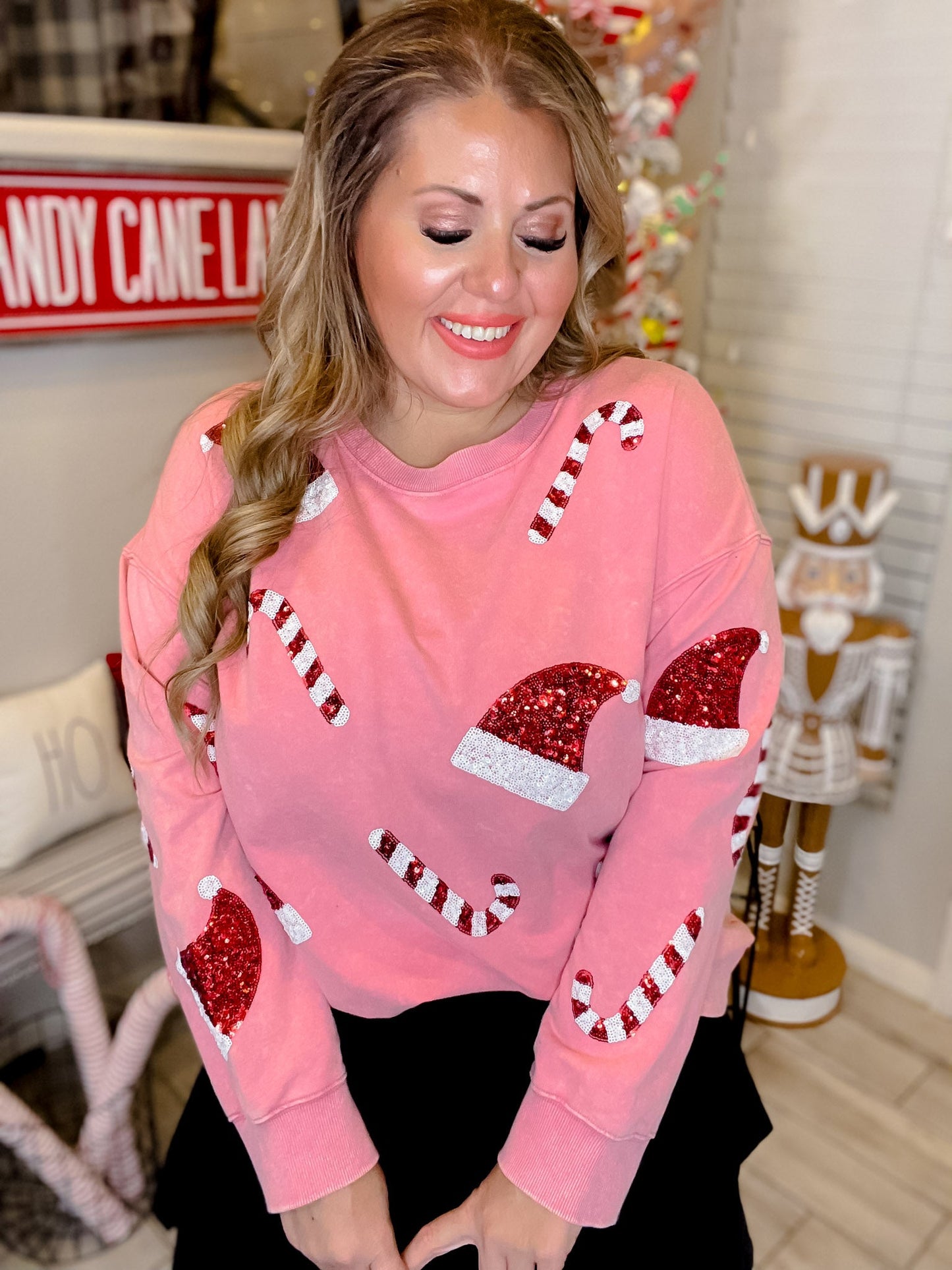 Long Sleeve Top Featuring Candy Cane's & Santa Hats - Whiskey Skies - WHITE BIRCH