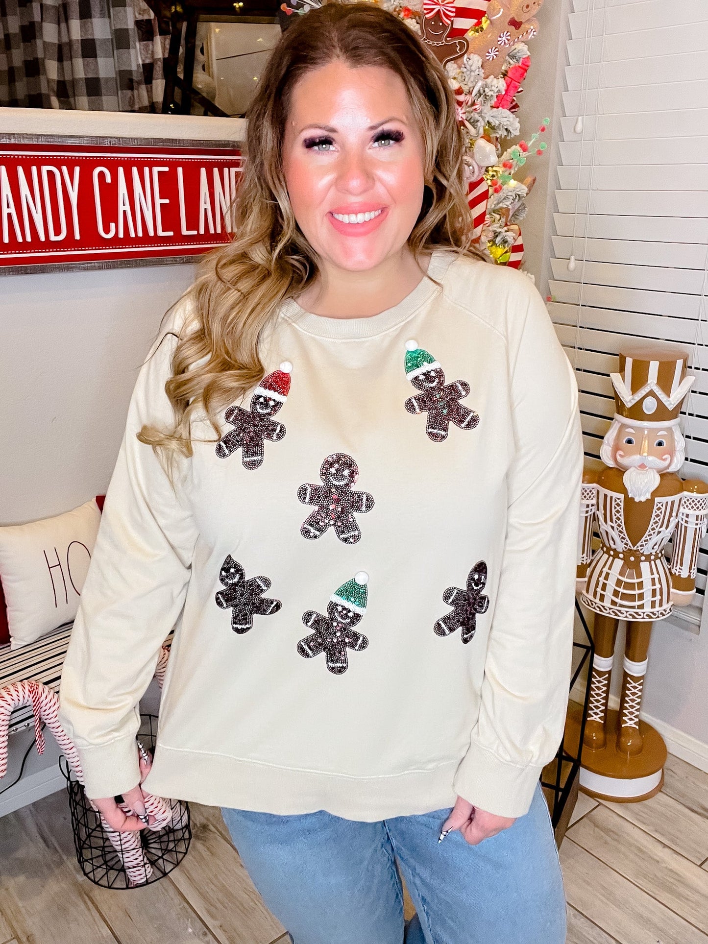 Long Sleeve Top Featuring Sequin Gingerbread Men - Whiskey Skies - WHITE BIRCH