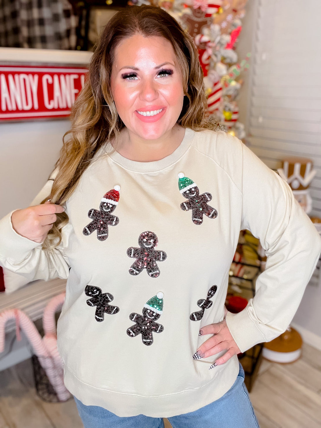 Long Sleeve Top Featuring Sequin Gingerbread Men - Whiskey Skies - WHITE BIRCH