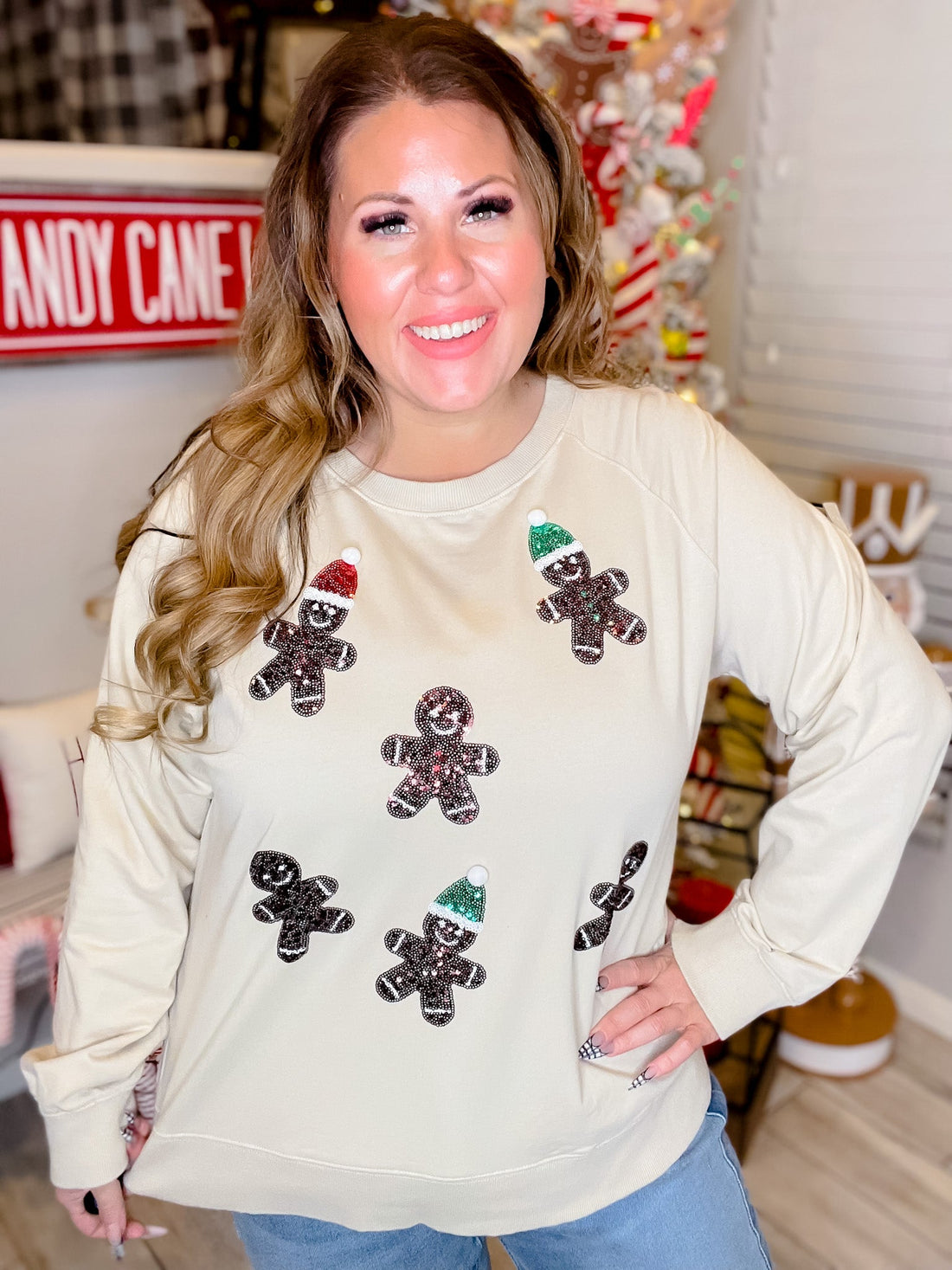 Long Sleeve Top Featuring Sequin Gingerbread Men - Whiskey Skies - WHITE BIRCH