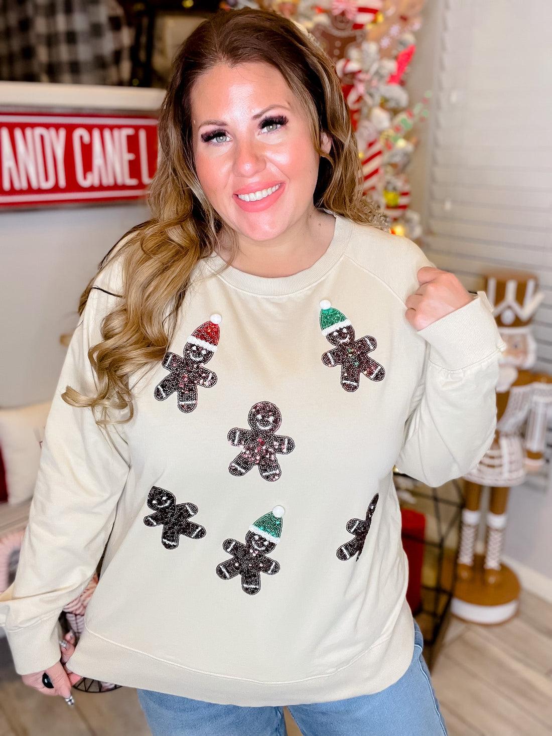 Long Sleeve Top Featuring Sequin Gingerbread Men - Whiskey Skies - WHITE BIRCH