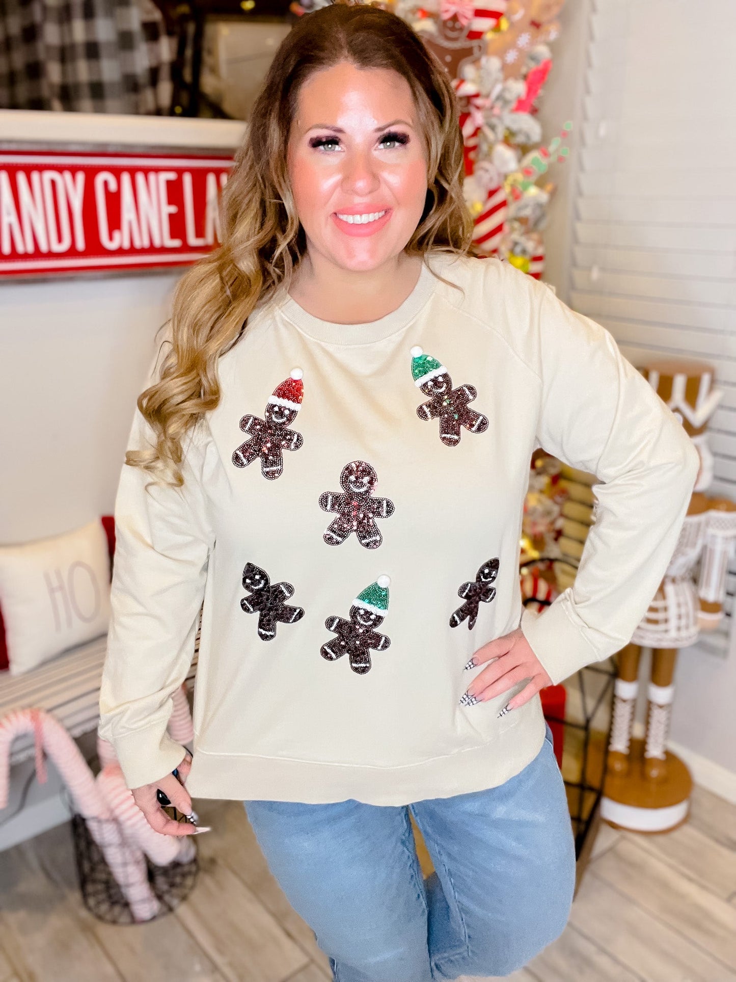 Long Sleeve Top Featuring Sequin Gingerbread Men - Whiskey Skies - WHITE BIRCH