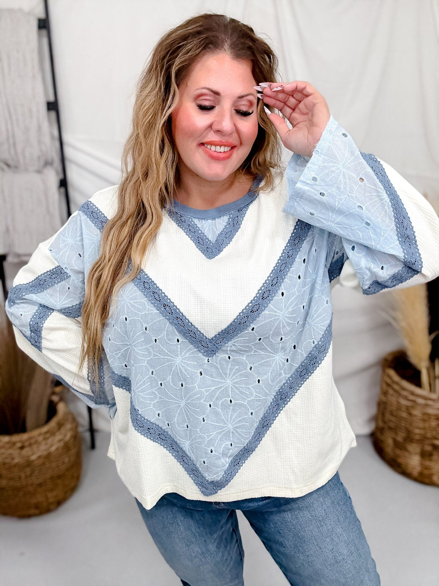 Long Sleeve Top With Chevron Lace Panels & Scalloped Eyelet Details - Whiskey Skies - ODDI