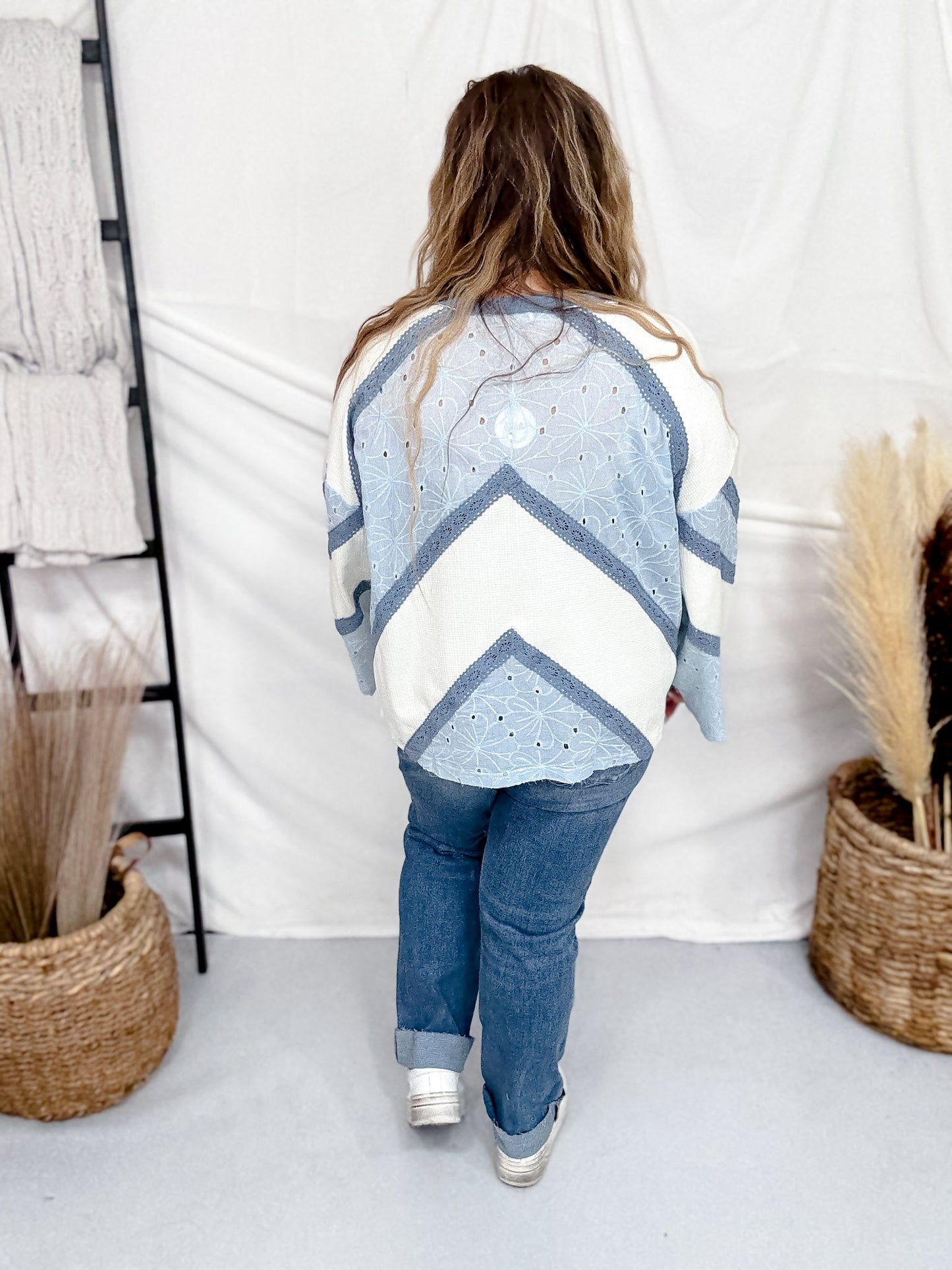 Long Sleeve Top With Chevron Lace Panels & Scalloped Eyelet Details - Whiskey Skies - ODDI