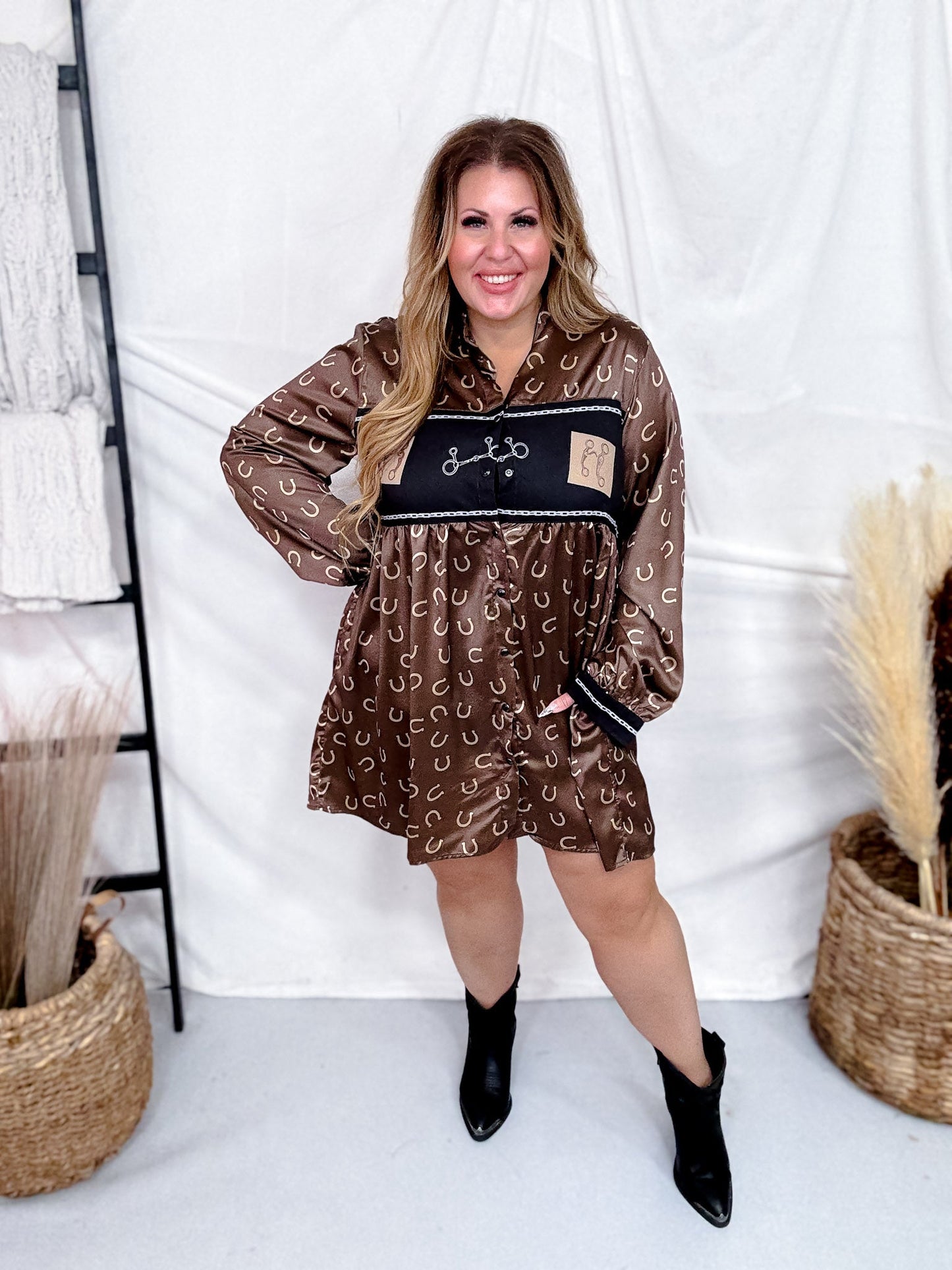 Long Sleeve Western Inspired Button Up Dress - Whiskey Skies - 2 FLY CO.