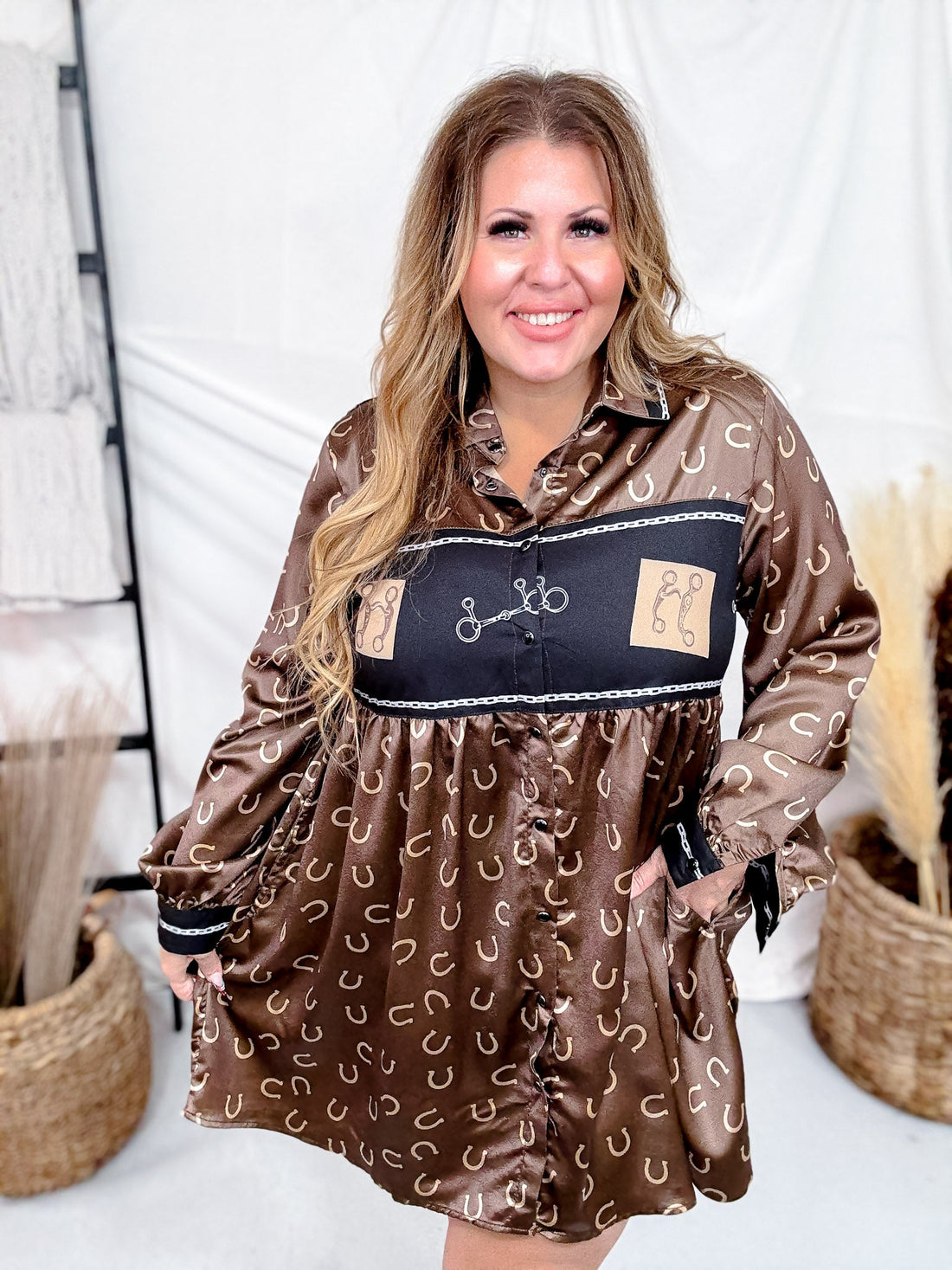 Long Sleeve Western Inspired Button Up Dress - Whiskey Skies - 2 FLY CO.