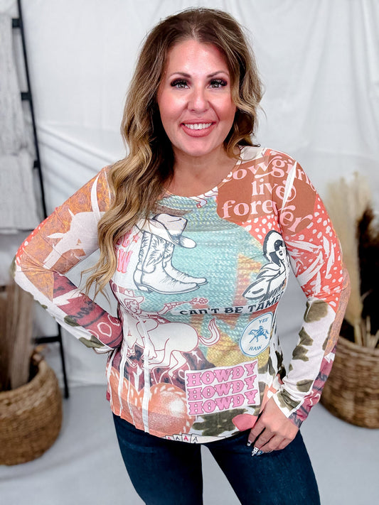 Long Sleeve Western Inspired Mesh Top - Whiskey Skies - ORIGAMI APPAREL