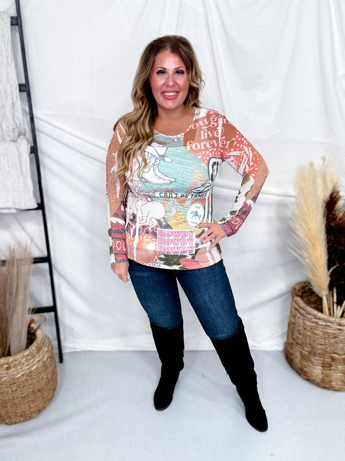 Long Sleeve Western Inspired Mesh Top - Whiskey Skies - ORIGAMI APPAREL