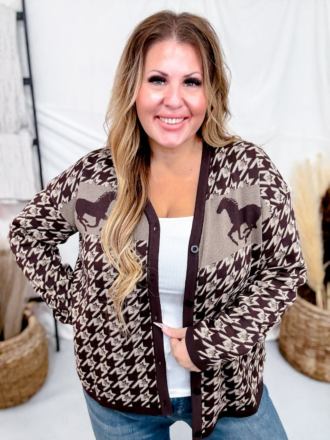 Long Sleeve Western Mustang Button Up Cardigan - Whiskey Skies - 2 FLY CO.