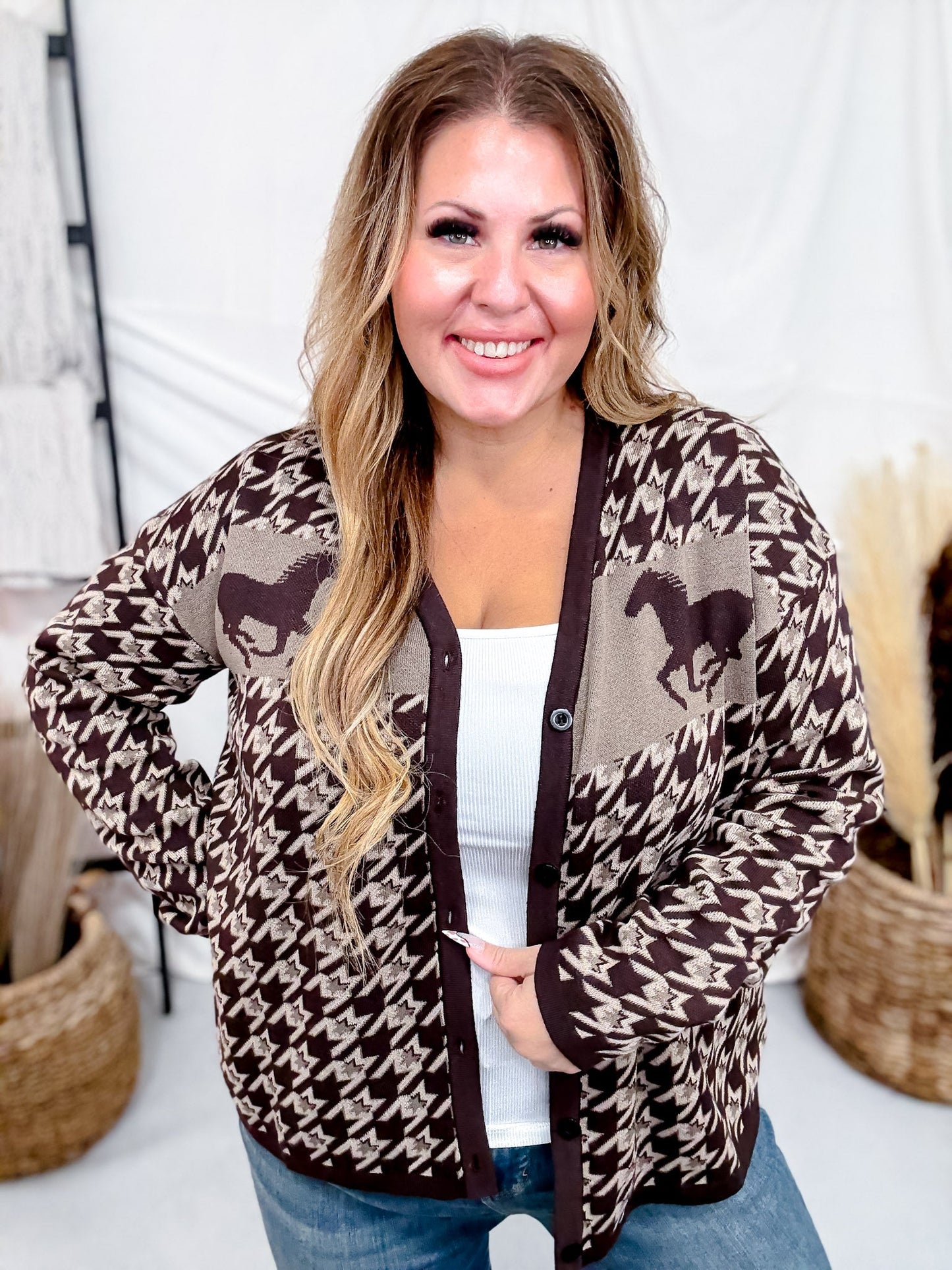 Long Sleeve Western Mustang Button Up Cardigan - Whiskey Skies - 2 FLY CO.