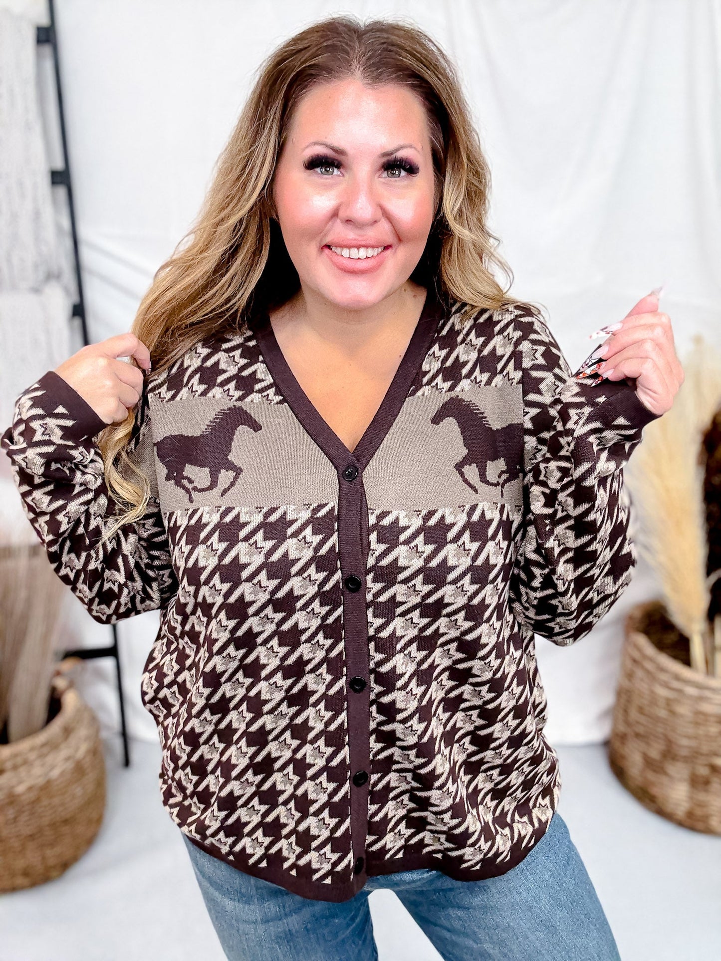 Long Sleeve Western Mustang Button Up Cardigan - Whiskey Skies - 2 FLY CO.