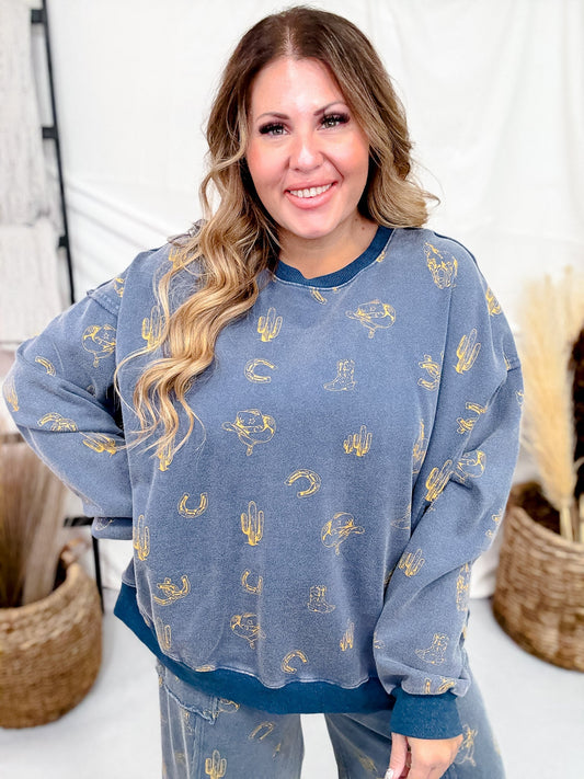 Long Sleeve Western Print Mineral Washed Pullover Sweater - Whiskey Skies - EASEL