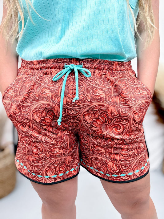 Long "Tooled Beauty" Western Inspired Shorts - Whiskey Skies - STERLING KREEK