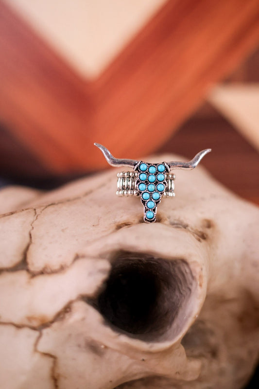 Longhorn Steer Stretch Ring with Blue Stones - Whiskey Skies - BOHO RANCH SHOP