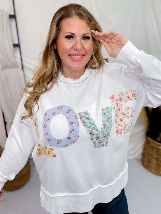 "Love" Contrast Patch French Terry Sweatshirt - Whiskey Skies - ODDI