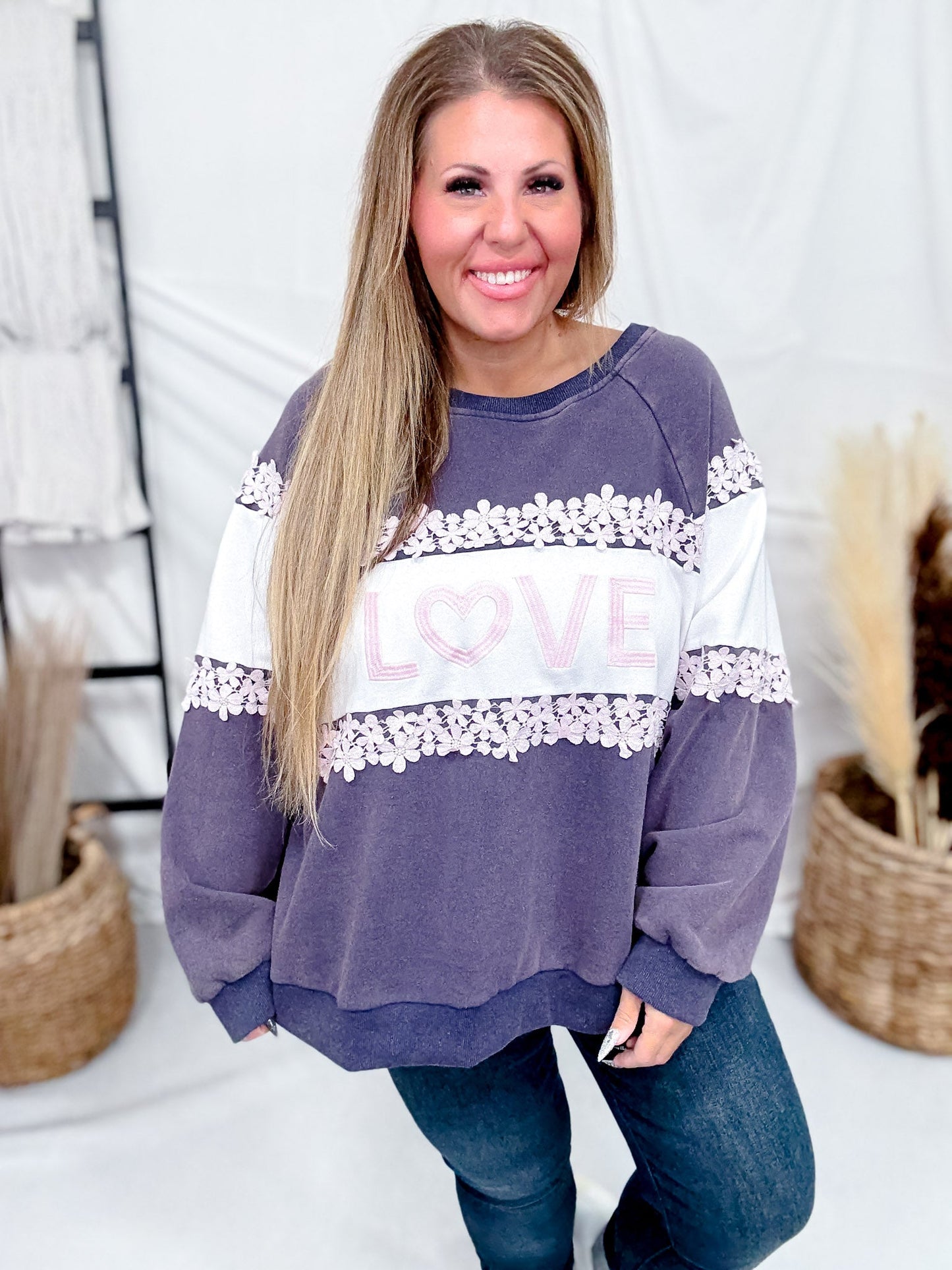 "Love" Mineral Washed Sweatshirt With Floral Lace Trim - Whiskey Skies - J.NNA