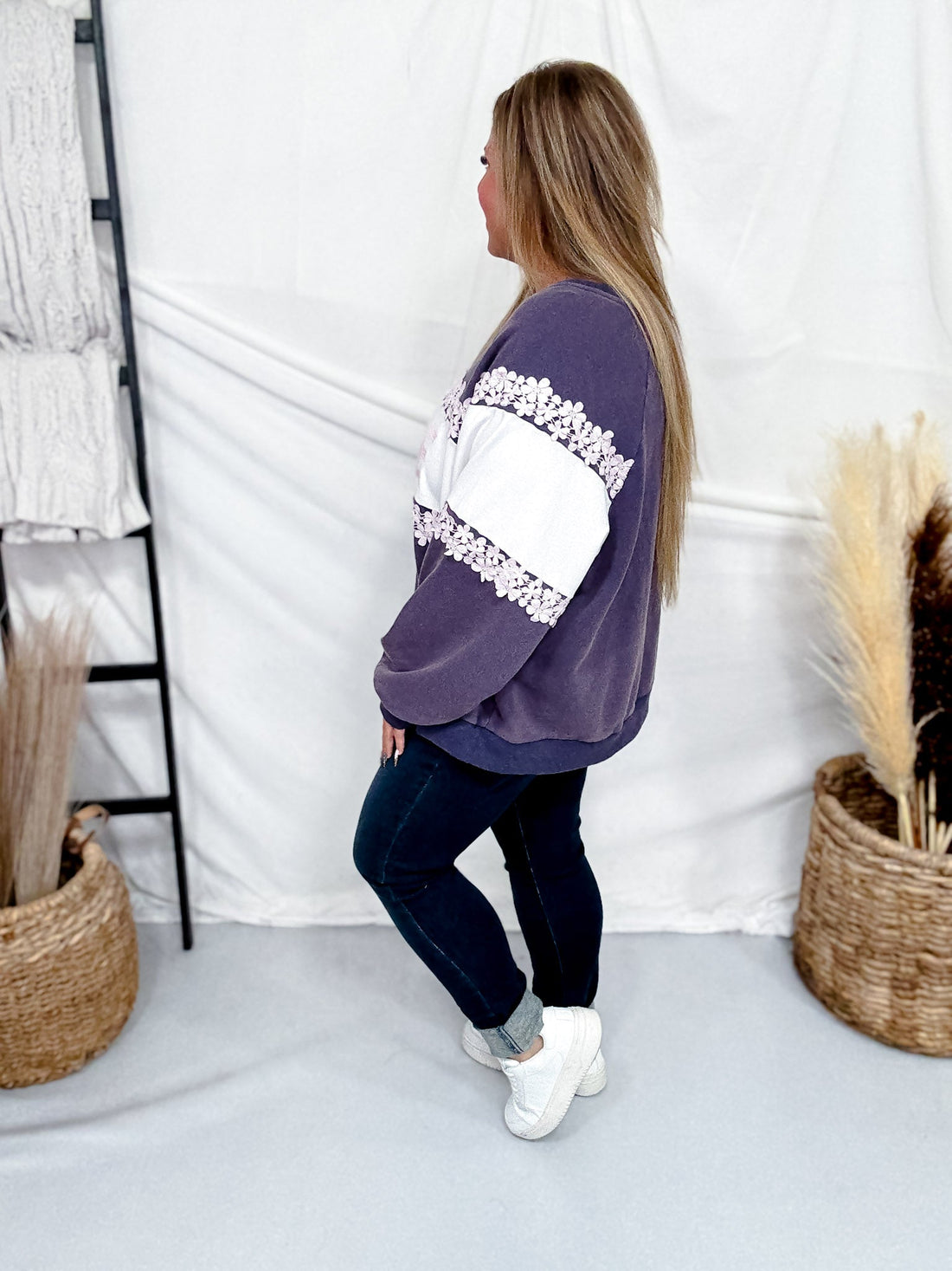 "Love" Mineral Washed Sweatshirt With Floral Lace Trim - Whiskey Skies - J.NNA