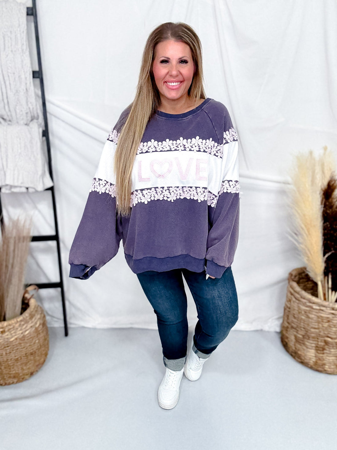 "Love" Mineral Washed Sweatshirt With Floral Lace Trim - Whiskey Skies - J.NNA