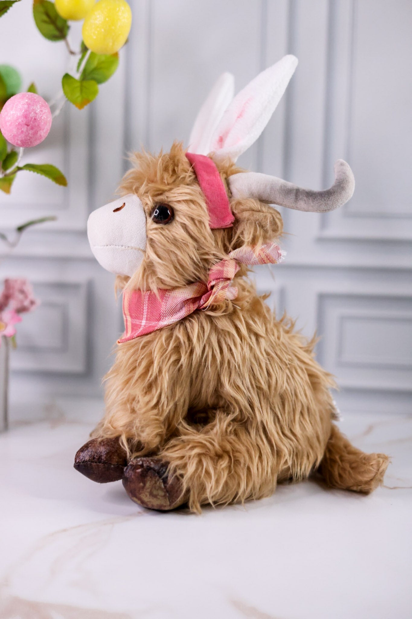 Lush Spring Easter Bunny Highland Cow Tabletop Sitter - Whiskey Skies - HANNA'S HANDIWORKS