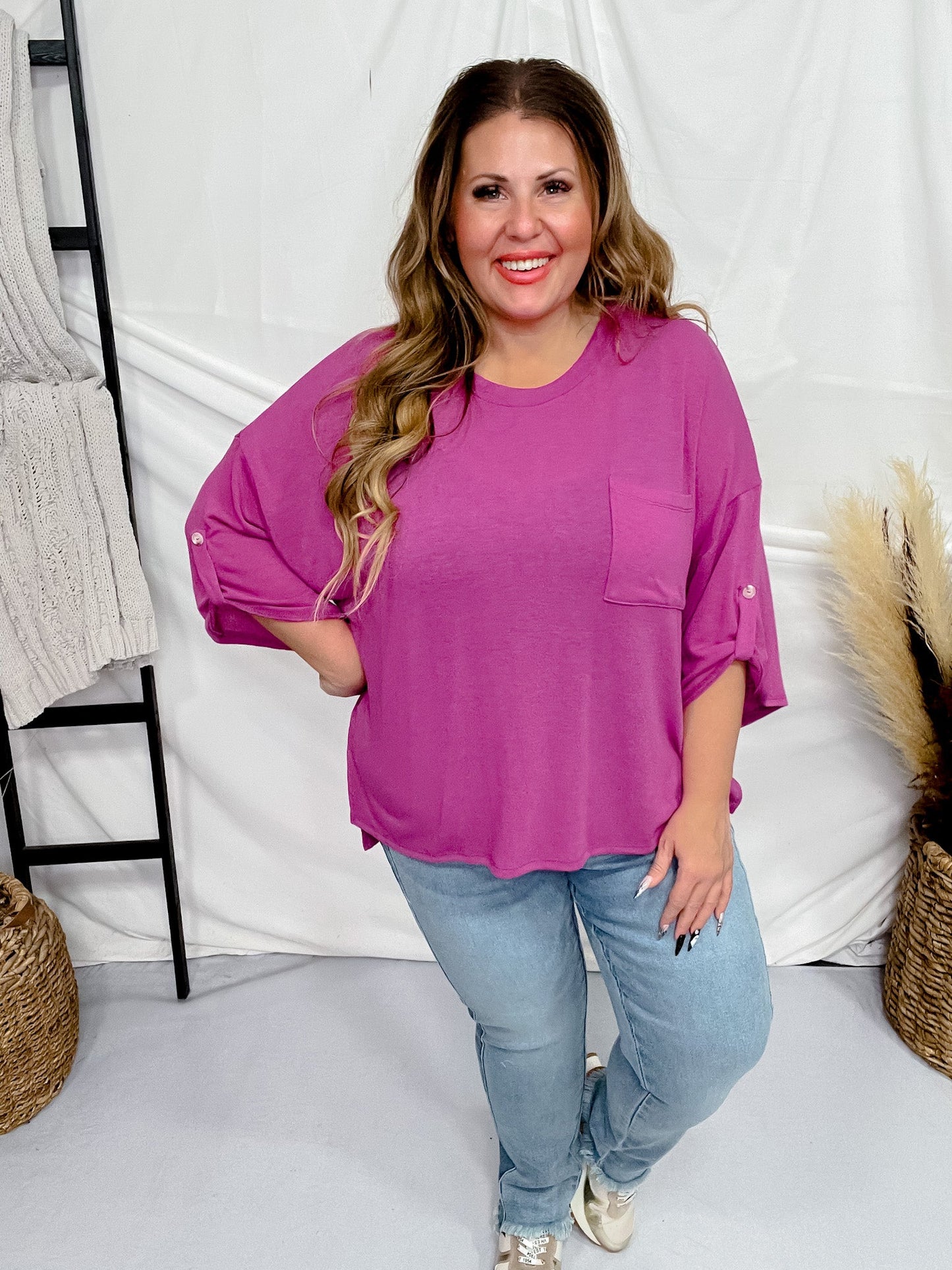 Magenta 3/4 Sleeve Boxy Top - Whiskey Skies - ANDREE BY UNIT