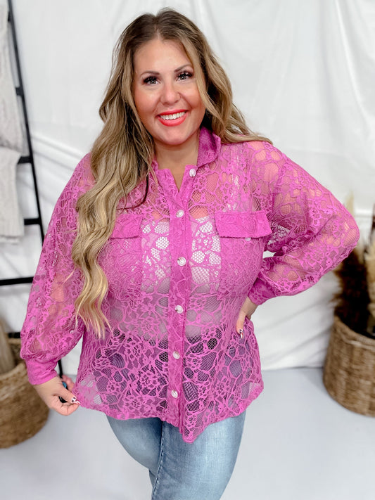 Magenta Button Up All Over Lace Blouse - Whiskey Skies - ANDREE BY UNIT