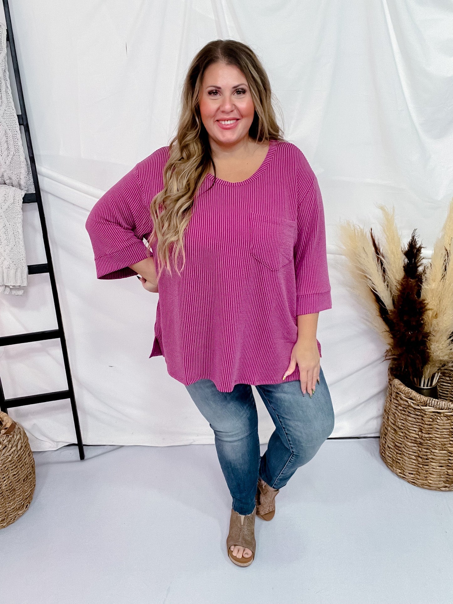 Magenta Ribbed 3/4 Sleeve Boxy Top - Whiskey Skies - ANDREE BY UNIT