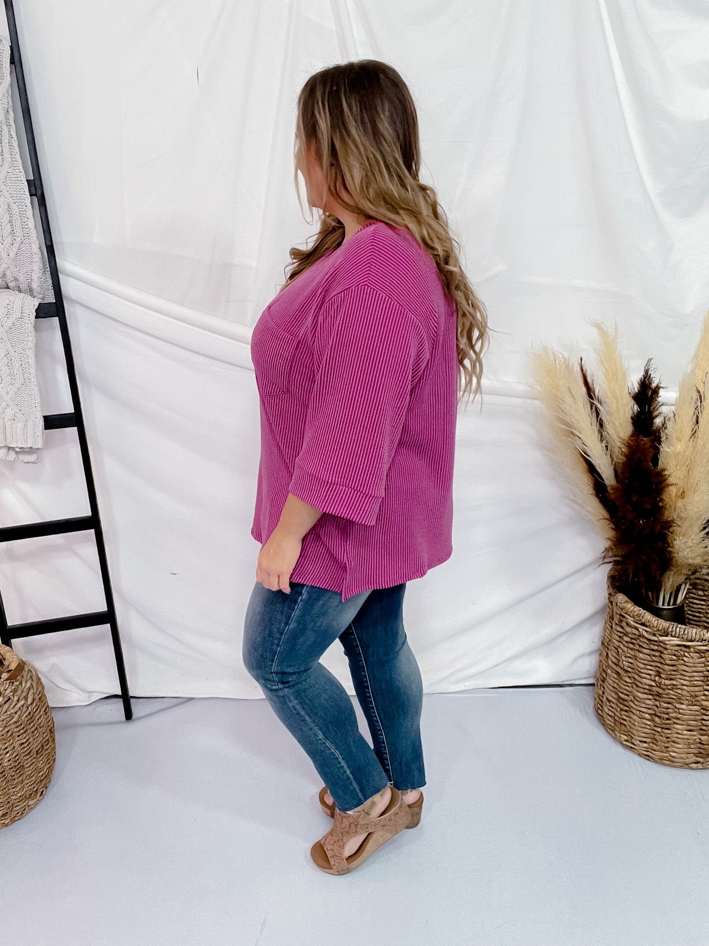 Magenta Ribbed 3/4 Sleeve Boxy Top - Whiskey Skies - ANDREE BY UNIT