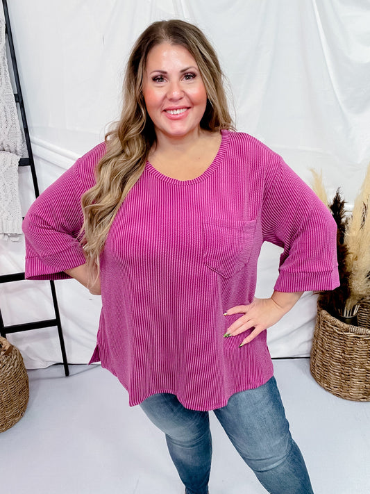 Magenta Ribbed 3/4 Sleeve Boxy Top - Whiskey Skies - ANDREE BY UNIT