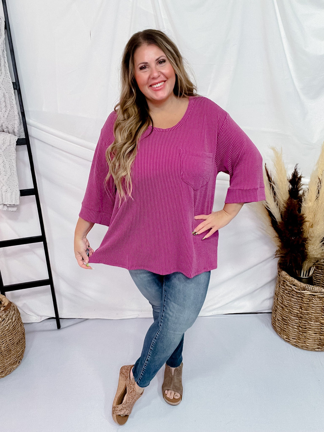 Magenta Ribbed 3/4 Sleeve Boxy Top - Whiskey Skies - ANDREE BY UNIT