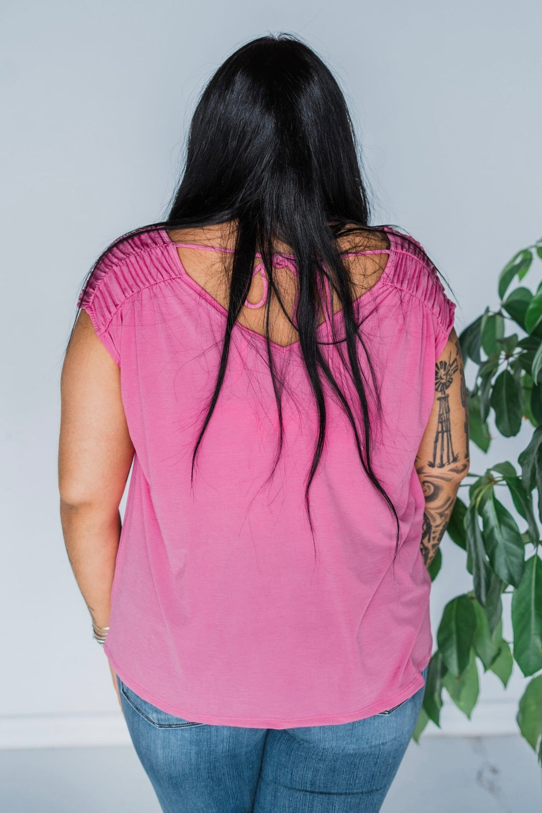 Magenta Ruched Sleeve V-Neck Top - Whiskey Skies - DEAR SCARLETT