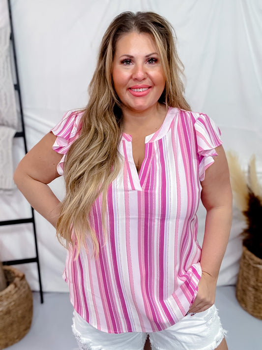 Magenta Striped Flutter Sleeve Top - Whiskey Skies - ANDREE BY UNIT