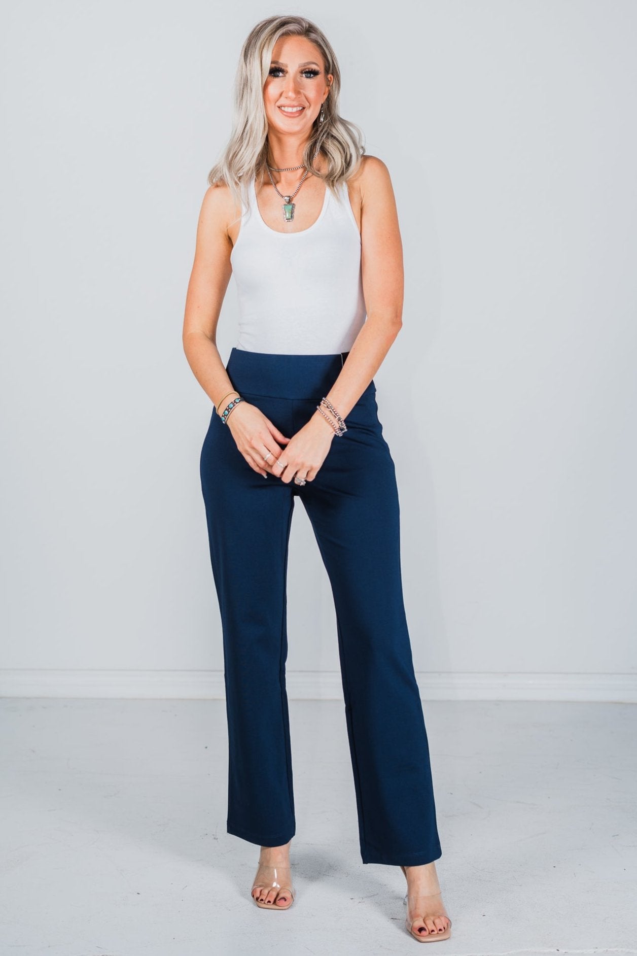 Magic Slim Straight Navy Pants - Whiskey Skies - DEAR SCARLETT