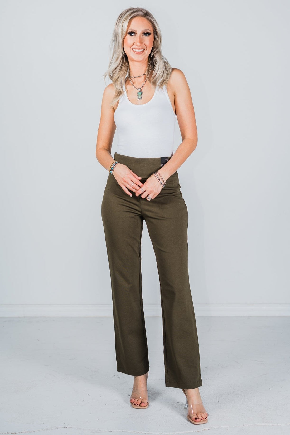 Magic Slim Straight Olive Pants - Whiskey Skies - DEAR SCARLETT