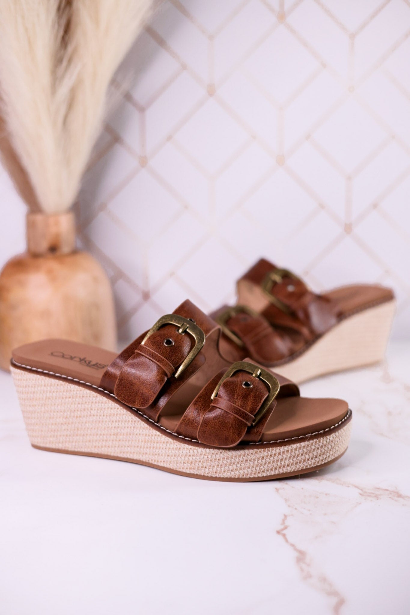 Manifest Cognac Wedge Sandals With Buckle Straps - Whiskey Skies - CORKYS FOOTWEAR